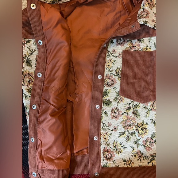 Rust Corduroy Floral Patchwork Shacket Snap Button Jacket Boho - Picture 6 of 8